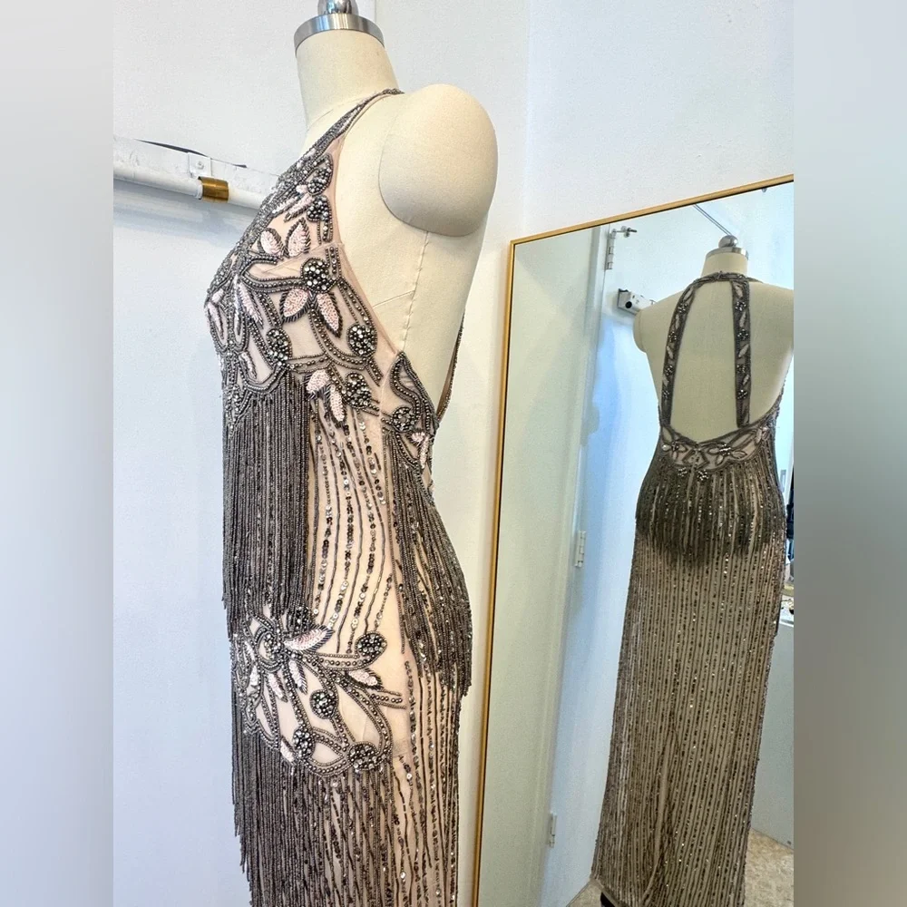 Heavily Beaded Halter Gown – Open Back Sheer Fringe Maxi Dress Glam Formal - Picture 6 of 12